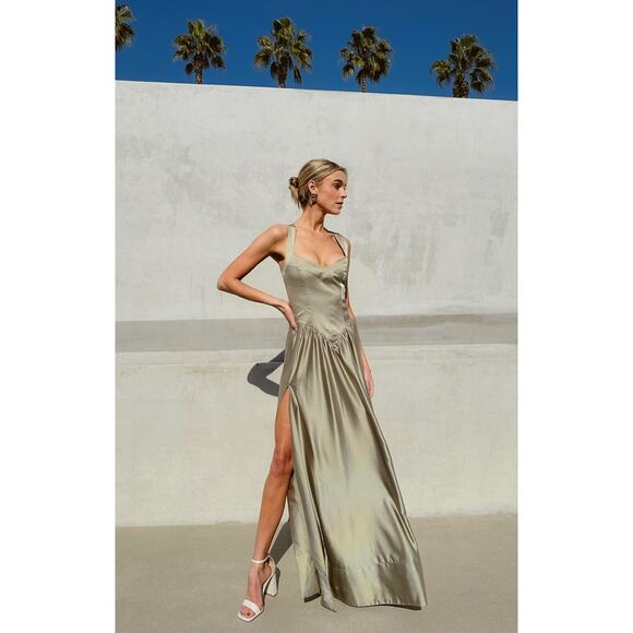 Show Me Your Mumu Abigail Maxi Dress Moss Green Luxe Satin XL NWT - Picture 4 of 10